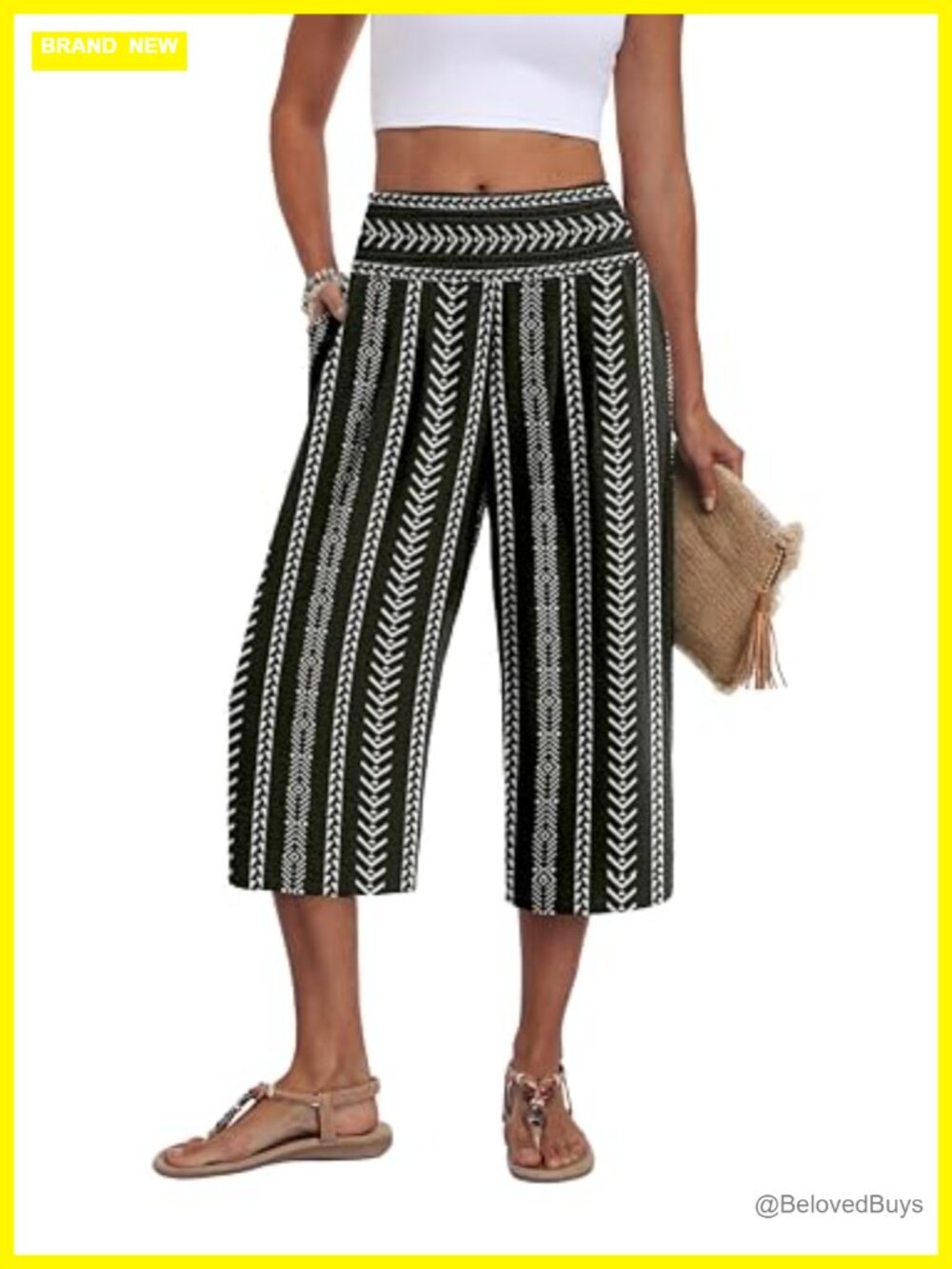 Women's Wide Leg Capri Pants High Waisted Tummy Control Pull On Casual